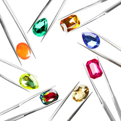 Frame of tweezers with different shiny gemstones on white background