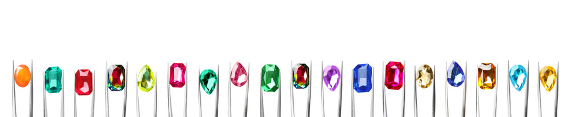 Set of tweezers with different shiny gemstones on white background. Banner design