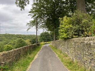 Narrow country lane, with dry stone walls, with wild plants, trees, and heavy clouds in, Elland forest, Elland, UK