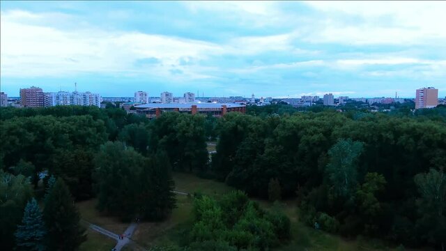 The stadium in the Sumy city park. Beautiful sky. Drone footage.