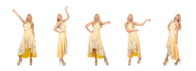 Blond girl in charming dress with flower prints isolated on whit