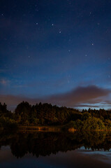 Evening landscape: Ursa major constellation  and first stars and a comet Neowise over a forest lake just after sunset. Long exposure night landscape. 