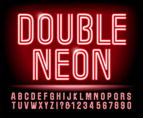 Font of Glowing Neon; Tall Condensed Letters with Double Strokes