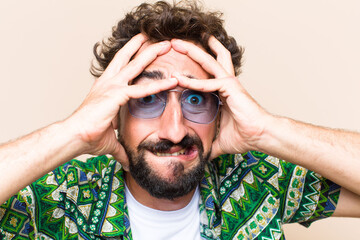 young cool bearded man crazy or mad expression. holidays concept