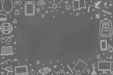 Back to school. Abstract blackboard. Background with school supplies. Elements are drawn in a linear style. Black and white illustration