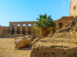 A view across the arid landscape of the temple complex at Karnak near Luxor, Egypt in summer