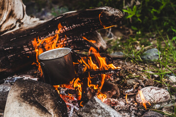 Kettle stands on fire. Cooking food at fire in wild. Beautiful big log burns in bonfire close-up....