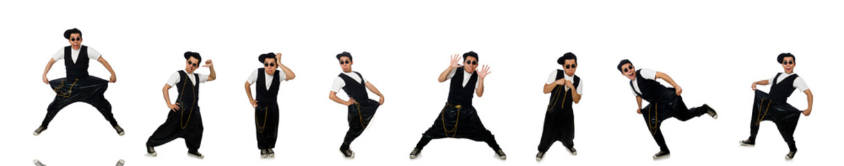 Funny young man dancing isolated on white