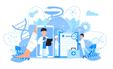 Healthcare insurance vector concept, people with doctor fill health online form insurance. Help agent service for calculate insurance bill. it can used for landing page, ui, web, mobile apps.