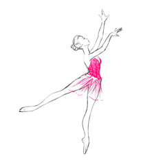 A Young Ballerina. Freehand Drawing of a Ballet Dancer Girl. Vector Illustration of a Dancing Woman. Monochrome Sketch of a Dancing Jump. Classical Choreography Style. Free Hand Draw. Realistic Style.
