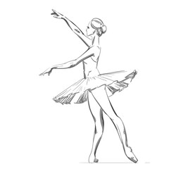 A Young Ballerina. Freehand Drawing of a Ballet Dancer Girl. Vector Illustration of a Dancing Woman. Monochrome Sketch of a Dancing Jump. Classical Choreography Style. Free Hand Draw. Realistic Style.