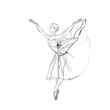 A Young Ballerina. Freehand Drawing of a Ballet Dancer Girl. Vector Illustration of a Dancing Woman. Monochrome Sketch of a Dancing Jump. Classical Choreography Style. Young Lady. Realistic Style.