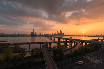 Sunset of Seoul downtown , 63 Building and han river best view landmark and traffic in Seoul,South Korea