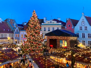 Christmas tree on market place in Tallinn old town hall square holiday travel to Estonia Europe 