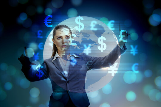 Global money transfer and exchange concept with businesswoman