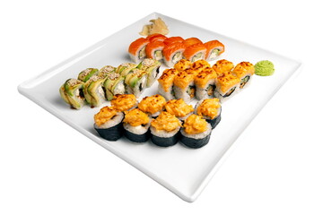 Sushi set on a white plate. Isolated on a white background