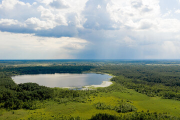Aerial view of large country lake for fishing, aerial photo. The concept of active, eco-and photo-tourism