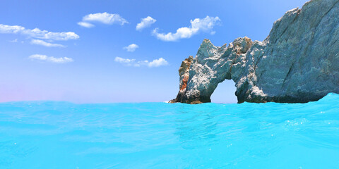 Obraz premium Sea level and underwater ultra wide photo of Lalaria beach, one of the most beautiful in Greece and one that made Skiathos island famous with arch like rock formation, Sporades islands