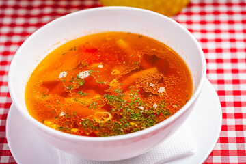 Italian minestrone soup with pasta and vegetables. Close up