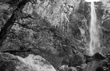 Black and white Bridal Veil Fall Yosemite National Park