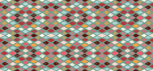 Ikat geometric folklore ornament with diamonds. Tribal ethnic vector texture. Seamless striped pattern in Aztec style. Folk embroidery. Indian, Scandinavian, Gypsy, Mexican, African rug.