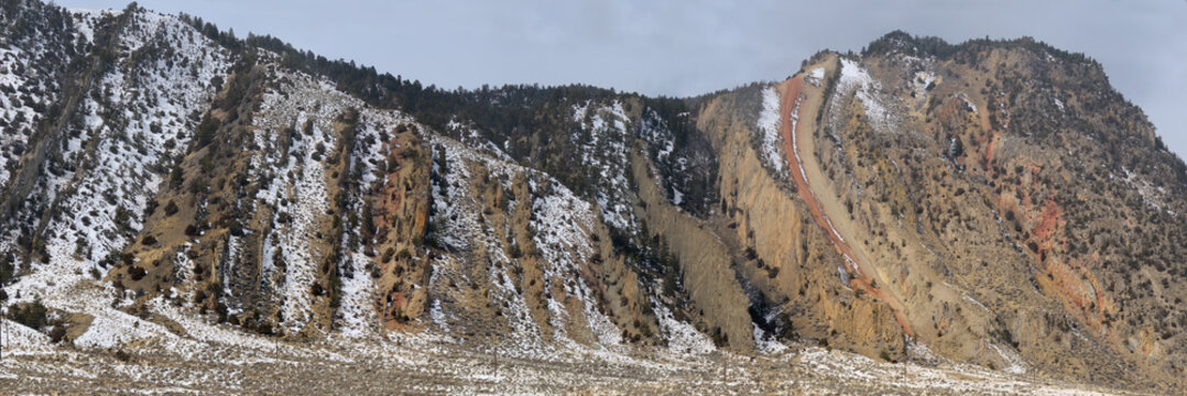 Vertical rock slabs at Devils Slide on Cinnabar Mountain from Old Yellowstone Trail south Montana