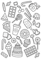 Sweets doodle coloring book page. Antistress for adults. Outlined black and white illustration