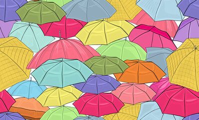 Fototapeta na wymiar Seamless pattern vector. A sea of colorful umbrellas covering a busy street. Repeating texture for wallpaper.