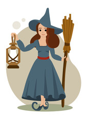 Flat style illustration. Little cute witch with a hat and a broom. The witch is dressed in a beautiful emerald dress. She holds a lantern in her hand and is ready to go to celebrate Halloween.