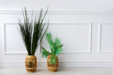 Green plants in vases and bright straw on the floor in front of a white wall. Minimalistic interior.