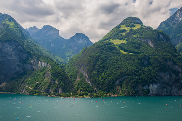 Naklejka na ściany i meble Beautiful swiss alpine landscape with lake Lucerne.