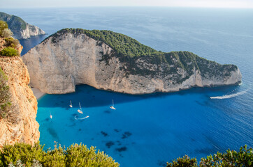 Picturesque Navagio beach with famous shipwreck on north west coast of Zakynthos island, Greece