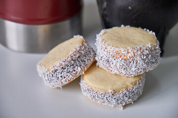 Argentine tradition: close-up photo of delicious cornstarch alfajores