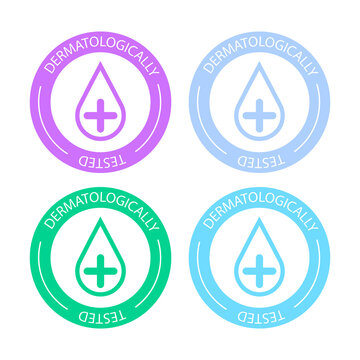 Dermatologically tested vector label with water drop logo. Dermatology test and dermatologist clinically proven icon for allergy free and healthy safe product package tag EPS