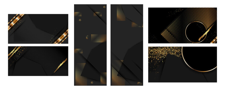 Christmas cards set of invitation banners base for text or print gold design black background abstract shiny color golden
