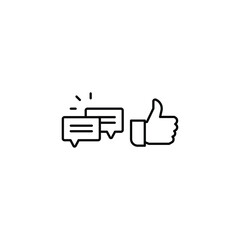 likes with comment icon line symbol. Finger thumb gesture and bubble message for chatting and give positive feedback. Social media equipment. Vector illustration. Design on white background. EPS10