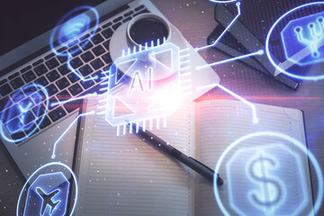 Multi exposure of data theme drawing hologram over topview work desk background with computer. Concept of technology.