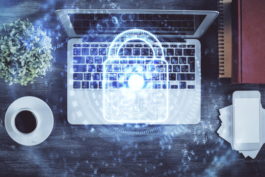 Double Exposure Of Lock Hologram Drawing Over Study Table Background With Computer Concept Of Data Security Top View Stock Photo Adobe Stock