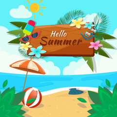 Fototapeta na wymiar Hello summer in flat design background. Summer vector illustration banner design concept in beach.