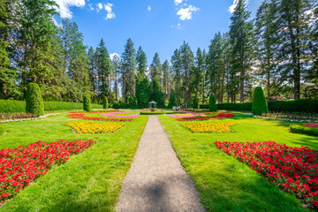 The colorful Renaissance European style formal Duncan Garden and fountain in Manito Park, Spokane, Washington, USA