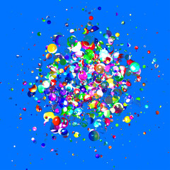 浮かんで集まるカラフルな球体の3Dイラストレーション　青色背景