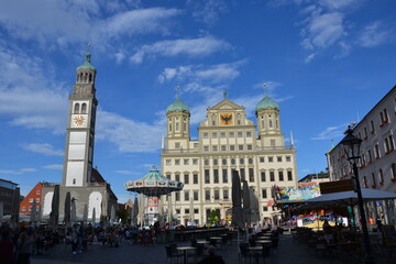Fototapeta na wymiar Perlachturm and town hall Rathaus in the central square of Augsburg