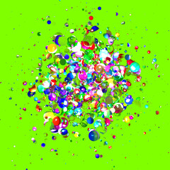 浮かんで集まるカラフルな球体の3Dイラストレーション　緑色背景
