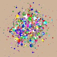 浮かんで集まるカラフルな球体の3Dイラストレーション　ベージュ背景
