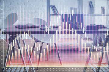 Multi exposure of stock market chart drawing and office interior background. Concept of financial analysis.