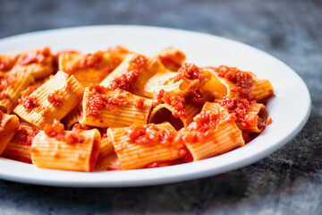 rustic italian paccheri pasta in tomato sauce