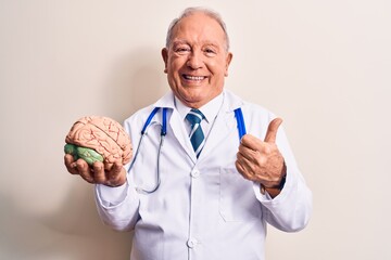 Senior grey-haired doctor man wearing stethoscope asking for care memory holding brain pointing...