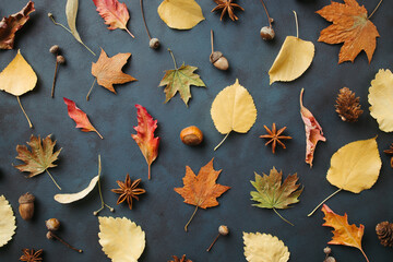 Hello autumn. Pattern made of dried leaves, acorns and pine cones. Seasonal background, fall...