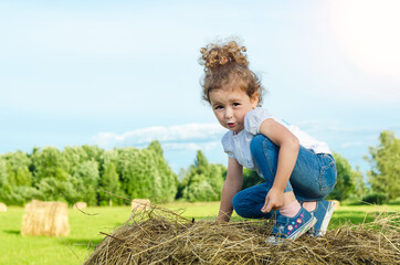 Naklejka na ściany i meble little beautiful girl on the field, on roll haystack. child plays during haymaking. childhood. harvesting, oktoberfest.