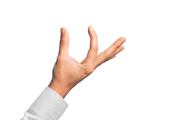 Hand of caucasian young man showing fingers over isolated white background picking and taking invisible thing, holding object with fingers showing space